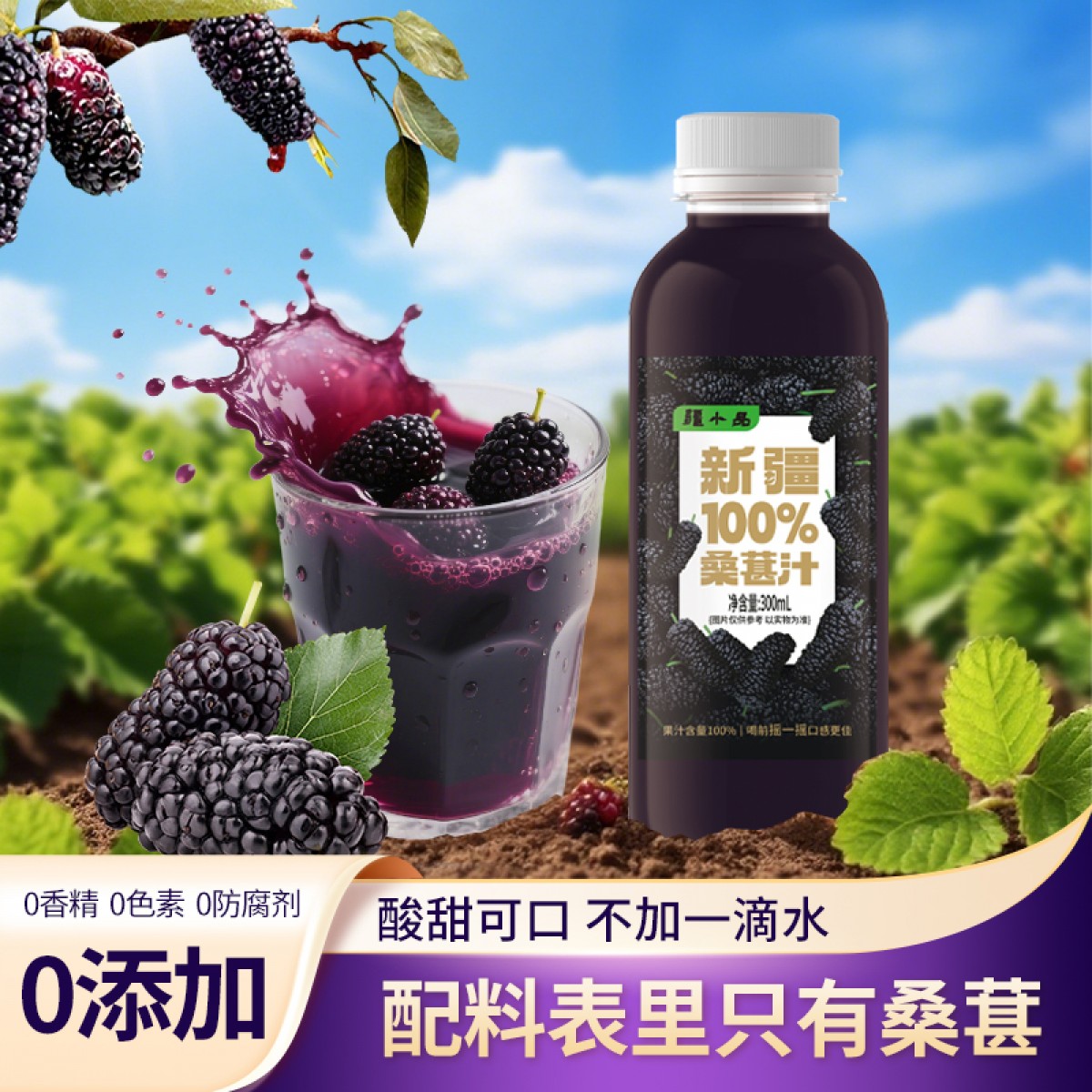 疆小品新疆100%桑葚汁纯果汁饮料0添加0蔗糖不加水0防腐剂礼盒装300ml*6瓶