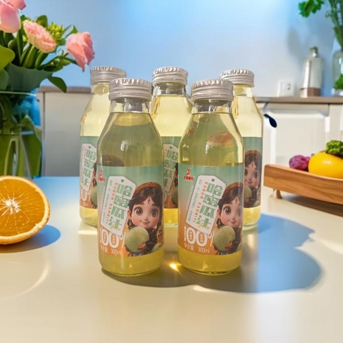 阿克苏产地直发古力娜扎哈密瓜汁100％果汁含量无添加玻璃瓶300ml*5瓶