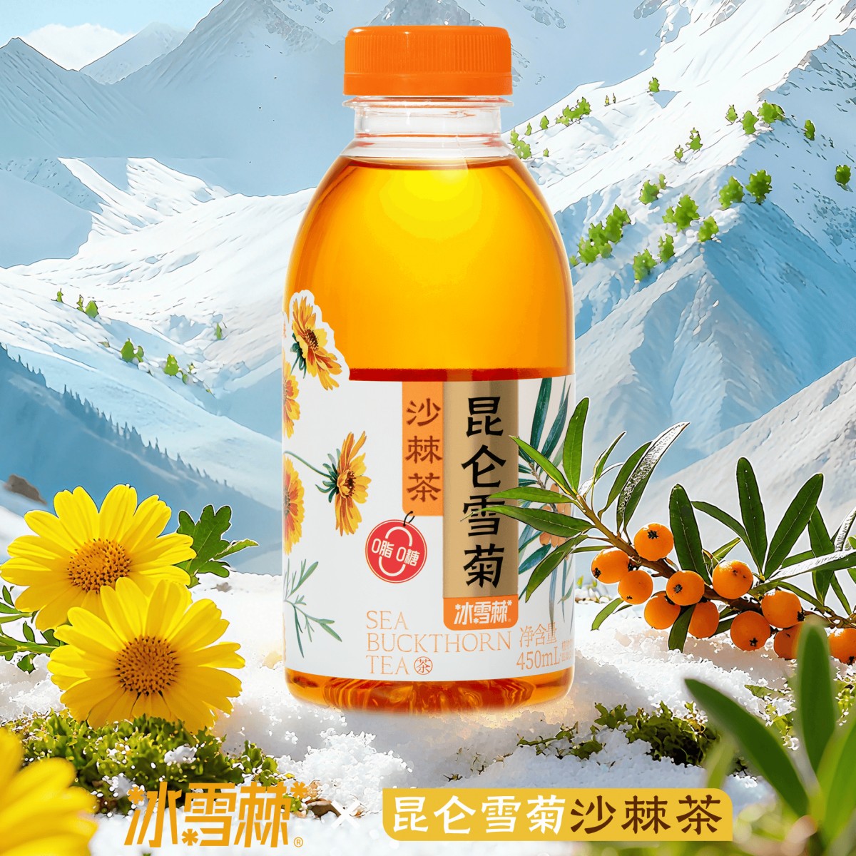 冰雪棘新疆昆仑雪菊沙棘茶450ml*6瓶原叶冷萃茶0糖0脂降茶无糖茶