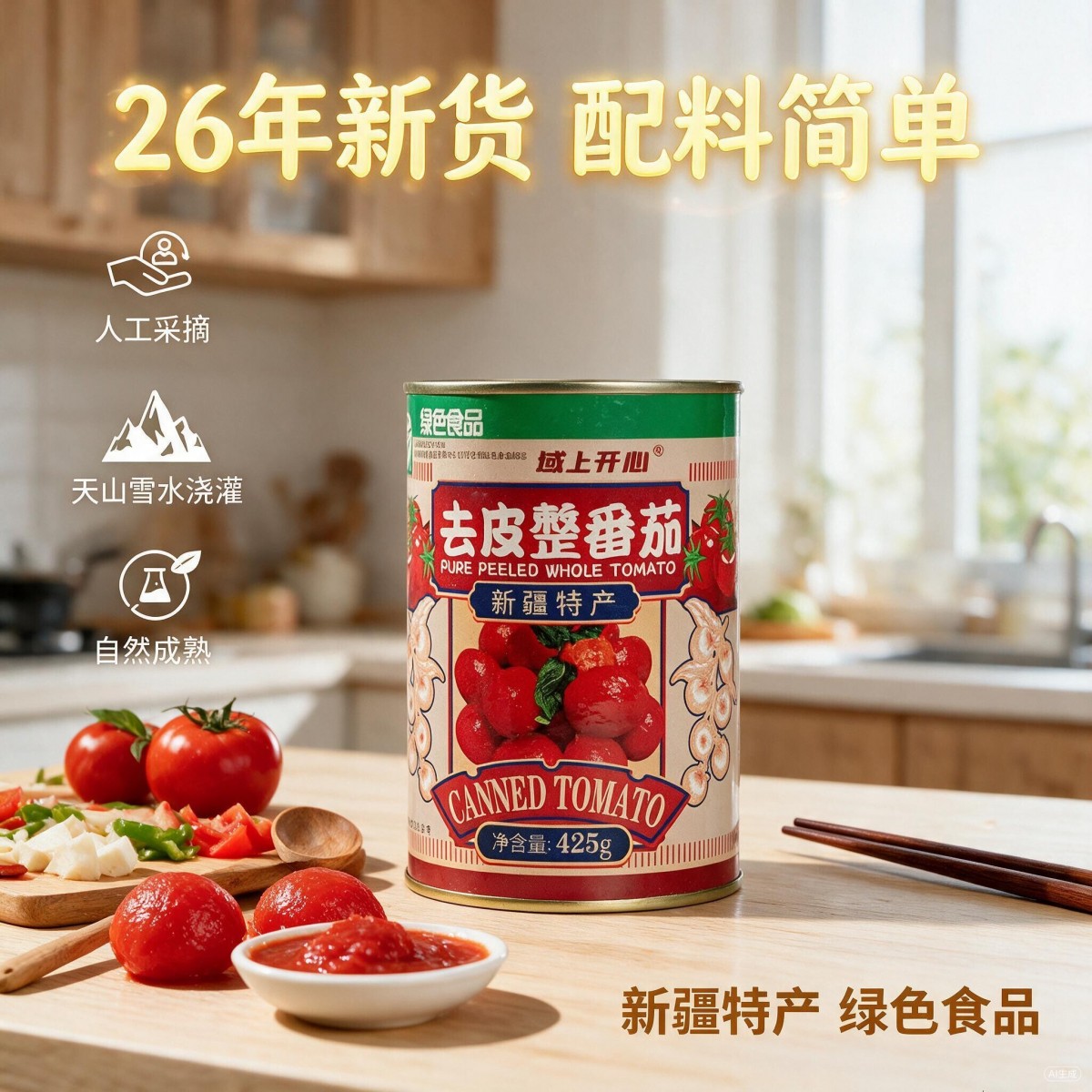 26年新货新疆特产番茄域上开心去皮整番茄罐头425g*3罐装家用番茄罐头